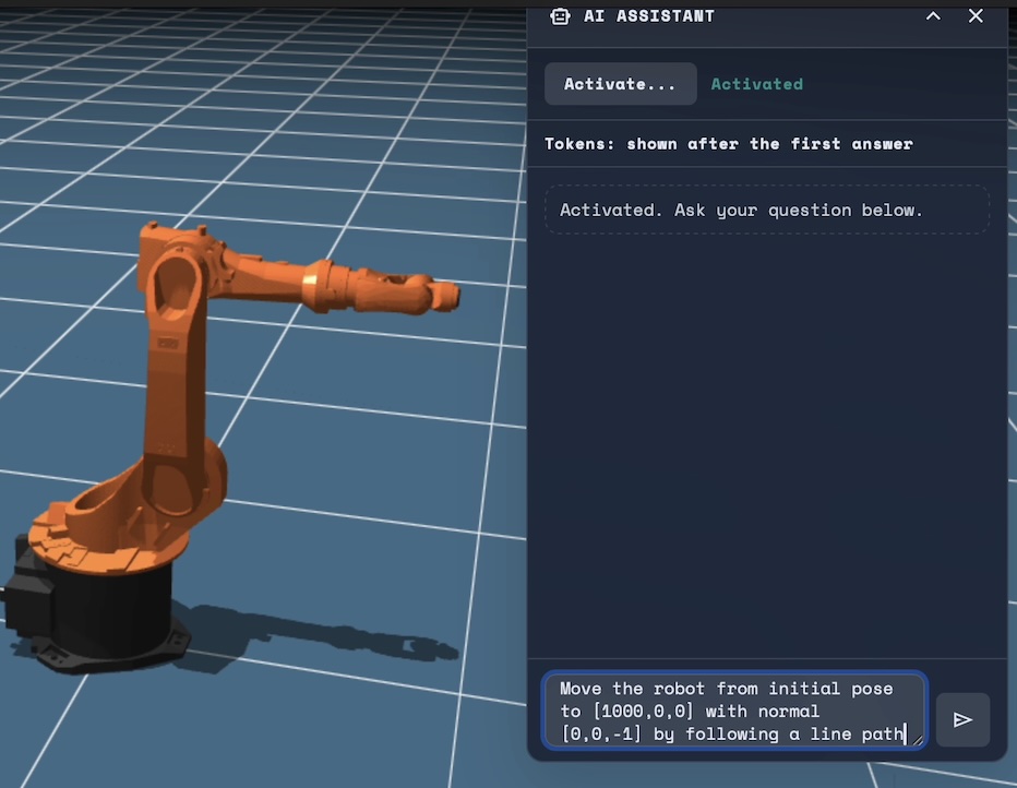 The AI Assistant in BabaCAD Robotics Web: a task typed in plain language, the generated plugin code and the robot simulation